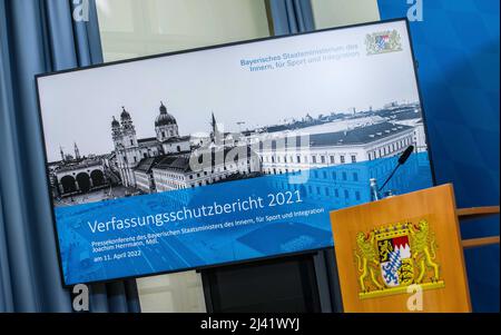 Munich, Bavaria, Germany. 11th Apr, 2022. The Bavarian Verfassungsschutz (Secret Service, Office for the Protection of the Constitution) released the 2021 report detailing threats to the state of Bavaria and the country. Over the past years, conspiracy theorists, new age and wellness extremists, right-extremists, and various enemies of democracy have taken a leading role against the German state and society, with imagery such as the August 2020 storming of the Reichstag and May 2020 3,000 Corona rebels demonstrating at Marienplatz in Munch associated with it. Numerous participants in that st Stock Photo