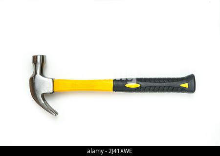 Top down shot of a small yellow handle claw hammer Stock Photo