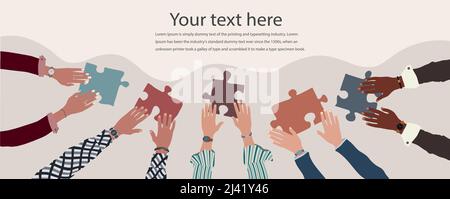 Collaboration and cooperation metaphor between group of multicultural men and women colleagues. Arms and hands around the table joining puzzle piece Stock Vector