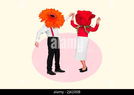 Psychedelic crazy dancing couple trend artwork flowers bloom instead of heads symbolize eternal youth feel young concept pop pin up vintage background Stock Photo