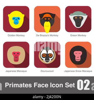cute monkey face flat icon set  vector illustration Stock Vector
