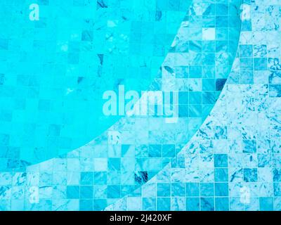 Mosaic grid pattern background with curved steps in blue water surface in the swimming pool background, top view. Empty blank space for summer backgro Stock Photo