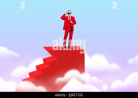 Contemporary art collage motivated bussinessman employee climbing upwards to the top symbolizing success promotion no matter agism problem no pain no Stock Photo