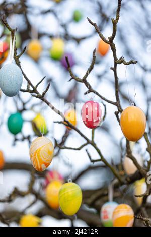 Tree decorated with colorful Easter eggs, street Easter decor. Stock Photo