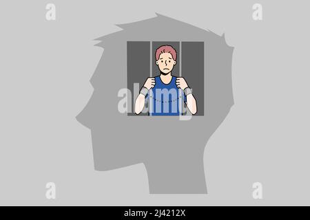 Man in jail inside human head suffer from freedom of thoughts or rights. Unhappy imprisoned male locked in mind have life restrictions and bans. Brain prison. Vector illustration.  Stock Vector