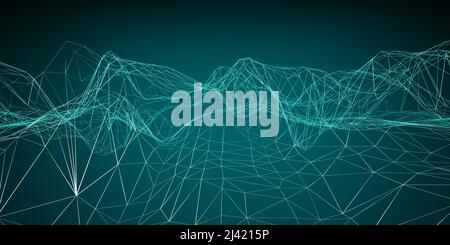 Low-poly wireframe virtual landscape on turquoise background Stock Photo