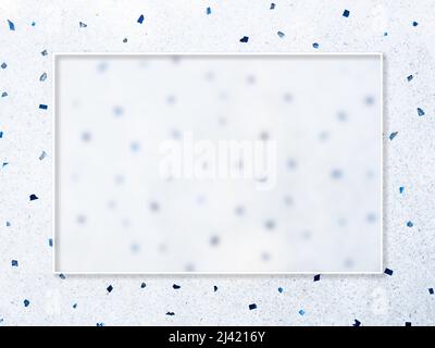 A transparent glass square border frame on white floor with many blue pieces of stones texture surface background, top view. Stock Photo
