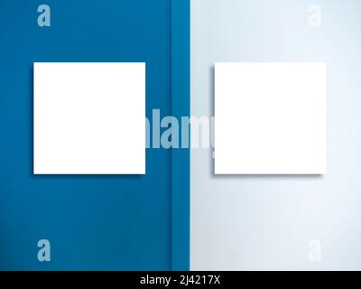 Two mockup empty blank white square border frame with same size hanging on two color wall backgrounds, white and blue. Mock-up poster, picture, photo Stock Photo