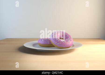 3d rendering of two pink chocolate covered donuts on a plate Stock Photo