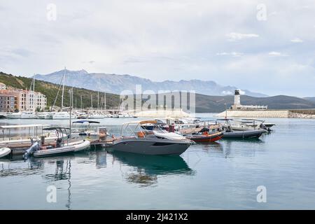 TIVAT, MONTENEGRO - JULY 17, 2021: Luxury Dock with yachts in the Lustica Bay Stock Photo