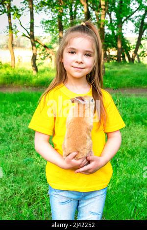 Little cute girl plays with a real ginger rabbit on a background of green plants. Summer outdoor activities for children with pets. Stock Photo