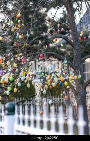 Tree decorated with colorful Easter eggs, street Easter decor. Stock Photo