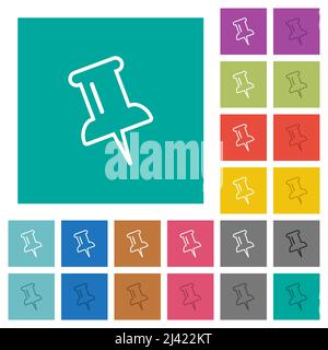 Push pin outline multi colored flat icons on plain square backgrounds. Included white and darker icon variations for hover or active effects. Stock Vector