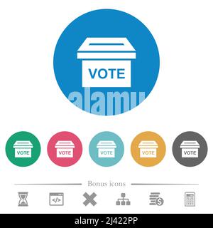 Ballot box solid flat white icons on round color backgrounds. 6 bonus icons included. Stock Vector