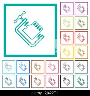 Micro sd memory card compress outline flat color icons with quadrant frames on white background Stock Vector