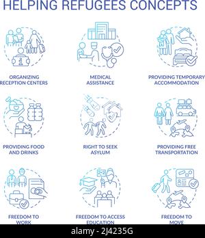 Helping refugees blue gradient concept icons set Stock Vector
