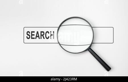 Magnifier glass with search bar icon for SEO or Search Engine Optimisation wording concept. wide image. Internet Browser Search Bar with Magnifying Gl Stock Photo