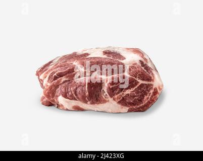 Fresh piece Raw pork. isolated on white background. Raw pork. Raw meat. Raw pork meat - neck or belly. Fresh meat and ingredients. Butchery, market. Stock Photo