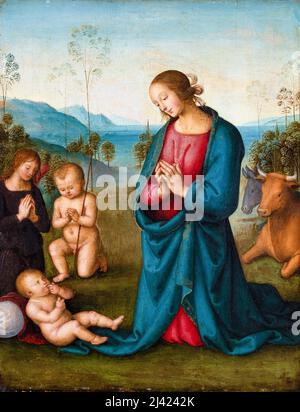 Pietro Perugino, Madonna, the Infant St John and an Angel, worshiping the Christ Child, painting circa 1510 Stock Photo