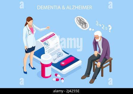 Isometric Alzheimer disease, Alzheimer s symptoms. Alzheimer s is a type of dementia that affects memory, thinking and behavior. Stock Vector