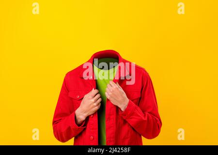 Conceptual photo image surreal headless male portrait hiding identity anonymity incognito person hidden invisible face trendy clothing on yellow Stock Photo