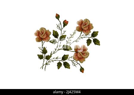 3D Pattern for stitch embroidery of a bouquet of three delicate pink roses on branches with buds and green leaves on a white background Stock Photo