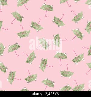Seamless pattern cute frog umbrella. Background of funny accessory shape head toad in doodle style. Repeated design texture for printing, fabric, wrap Stock Vector
