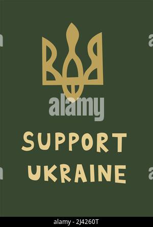illustration of ukrainian coat of arms near support ukraine lettering on green Stock Vector