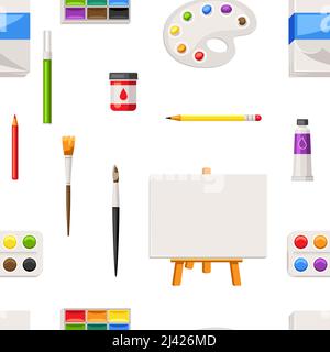 Seamless pattern with painter tools and materials. Art supplies for creativity. Stock Vector