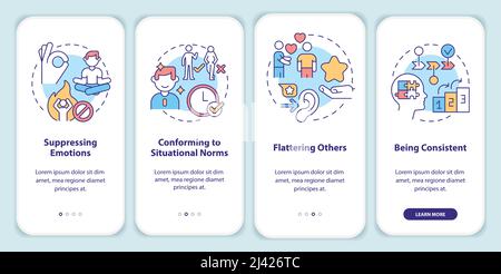 Impression management techniques onboarding mobile app screen Stock Vector