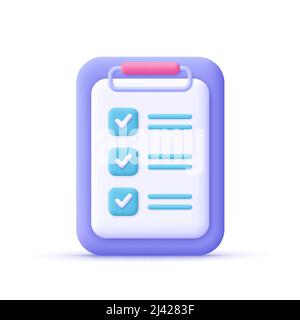 Clipboard with checklist, todo check list. Business, education, task management and productivity concept. 3d vector icon. Cartoon minimal style. Stock Vector