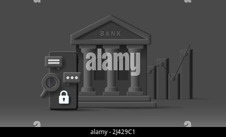 Web digital illustration of a bank building icon with smartphone and graph, mono chrome black 3d modern cartoon style. Vector illustration Stock Vector