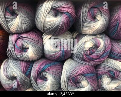 close up of skeins of multicoloured wool taken front on no people Stock Photo