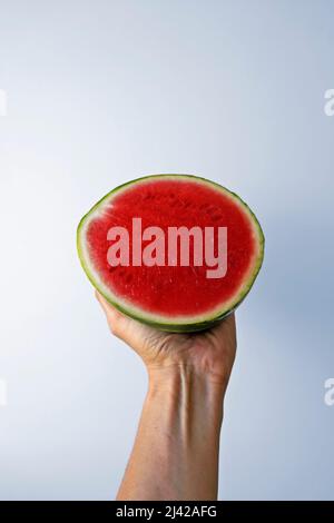 Small seedless watermelon on hand in a bright background Stock Photo