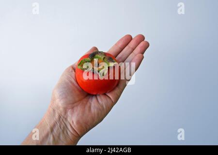 Persimmon on hand in a bright background Stock Photo