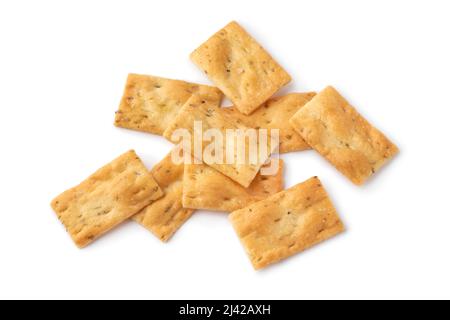 Heap of fresh traditional Italian Scrocchi, rosemary and sea salt crackers,  close up isolated on white background Stock Photo