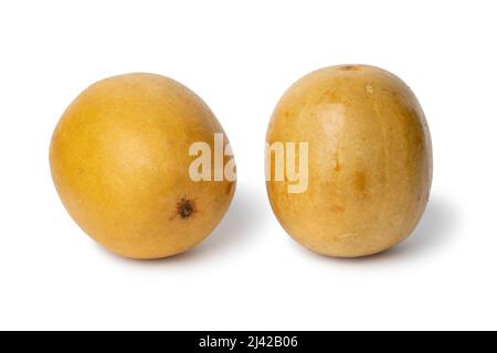 Pair of dried monk fruit, luo han guo, isolated on white background close up Stock Photo