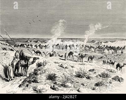 The pilgrim camp on their way to Nedjed, Saudi Arabia. Pilgrimage to Nedjed, cradle of the Arab race by Lady Anna Blunt 1878-1879, Le Tour du Monde 1882 Stock Photo