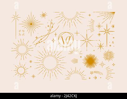 Set of flat design elements sun, sunset, sunbeams, stars borders, frame in modern line drawing with brown color lines on beige background Stock Vector