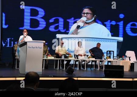 Kolkata, West Bengal, India. 11th Apr, 2022. Mamata Banerjee, Chief Minister of West Bengal, delivering her inaugural speech In the presence of Javed Ahmed Khan, Minister, West Bengal, Firhad Hakim, Minister, West Bengal, Partha Chatterjee, Minister, West Bengal and other dignitaries after inauguration by herself of the Biswa Bangla Mela Prangan, formerly Milan Mela, the permanent fairground after a complete overhaul of infrastructure. The revamped mela ground which is spread across 25 acres and at a cost of Rs 352 crore. The ground, expected to accommodate more than 5,000 people, has two lar Stock Photo