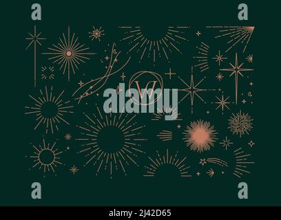 Set of flat design elements sun, sunset, sunbeams, stars borders, frame in modern line drawing with brown color lines on green background Stock Vector