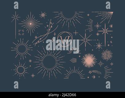 Set of flat design elements sun, sunset, sunbeams, stars borders, frame in modern line drawing with brown color lines on blue background Stock Vector