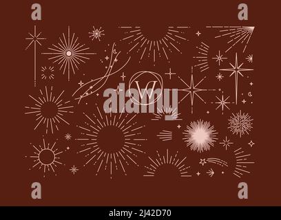 Set of flat design elements sun, sunset, sunbeams, stars borders, frame in modern line drawing with pink color lines on red background Stock Vector