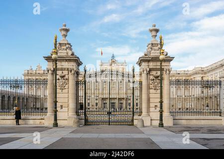 View from Plaza de la Armeria of the entrance to the Baroque architecture Royal Palace of Madrid (Palacio Real) and courtyard in Madrid, Spain Stock Photo