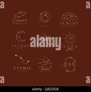 Flat elegance astrology labels with lettering in modern line style drawing with brown lines on red background Stock Vector