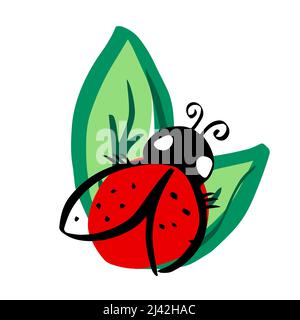 Cute ladybug or ladybird on a green leafs. Springtime. Nice design for kids clothes, packaging and stationery. Vetor, Illustration. Stock Vector