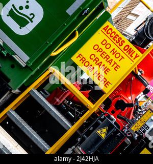 Epsom Surrey London UK, April 11 2022, Operating Warning Instructions And Access Ladder To Lorry Mounted Hydraulic Lifting Crane Stock Photo