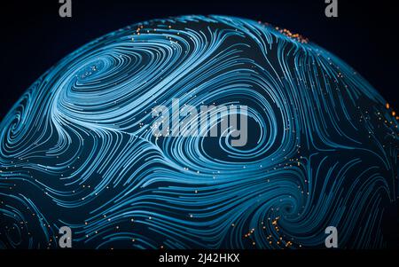 Wave pattern with flowing curl lines, 3d rendering. Computer digital ...