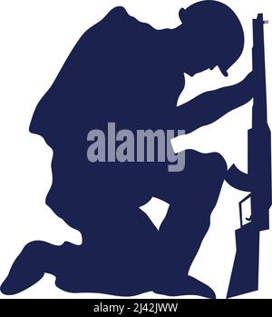 soldier kneeling silhouette blue icon Stock Vector