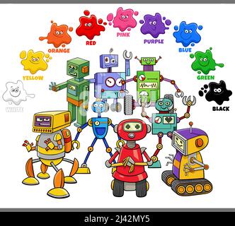 Educational cartoon illustration of basic colors with colorful robot characters group Stock Vector